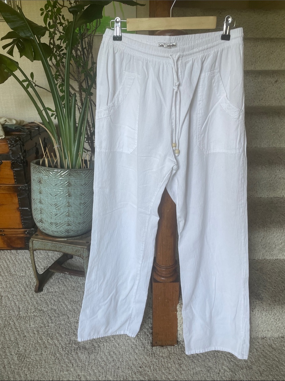 Cotton Collection Women's White Drawstring Cotton Beach Pants